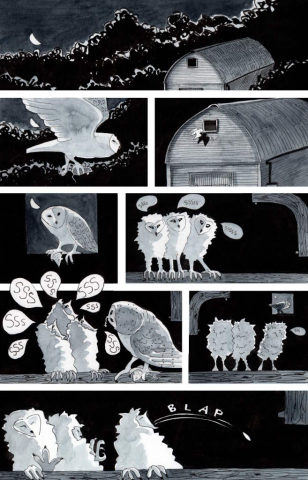 a one page cartoon depicting a barn owl bringing food to  three chicks