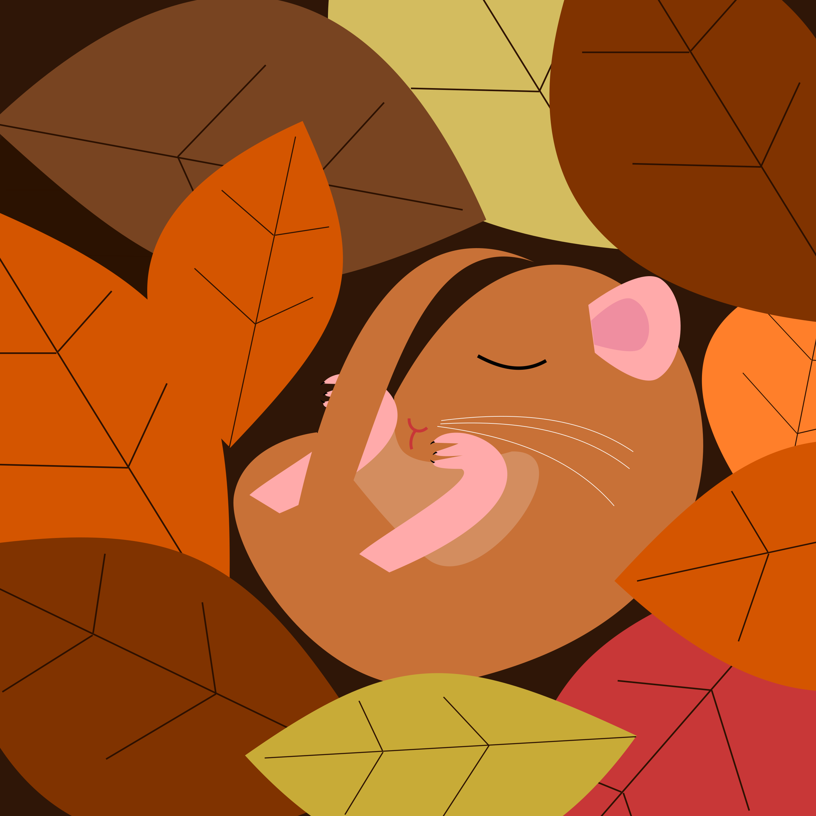 a doormouse slleeping soundly amongst autumn leaves. Simply drawn with flat bold colours on a white background
