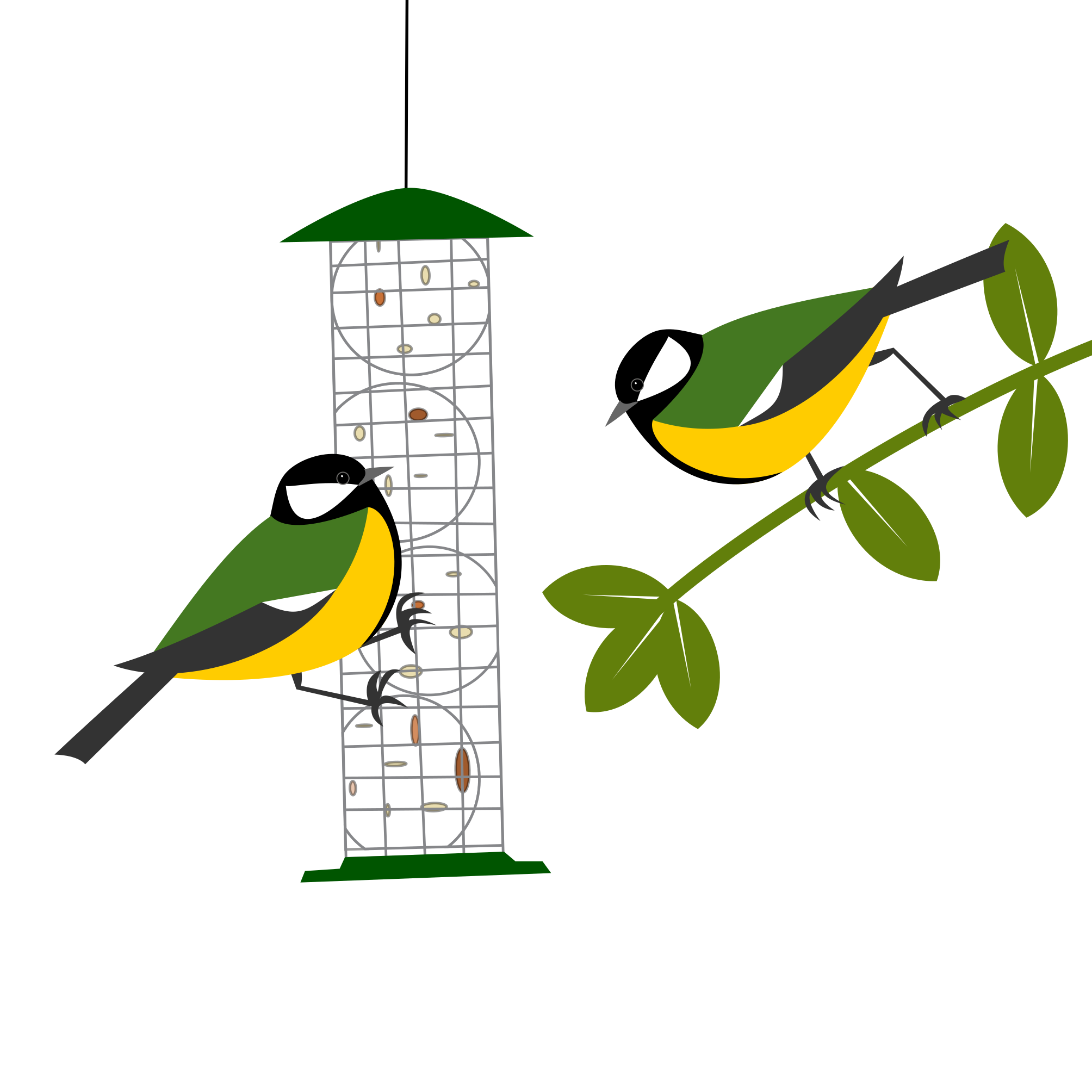 two great tits in a stand off over whose turn it is on the feeder. Simply drawn with flat bold colours on a white background