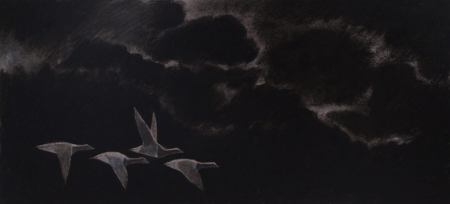 four brent geese migrating at night. a faint light from the moon creeps around the clouds