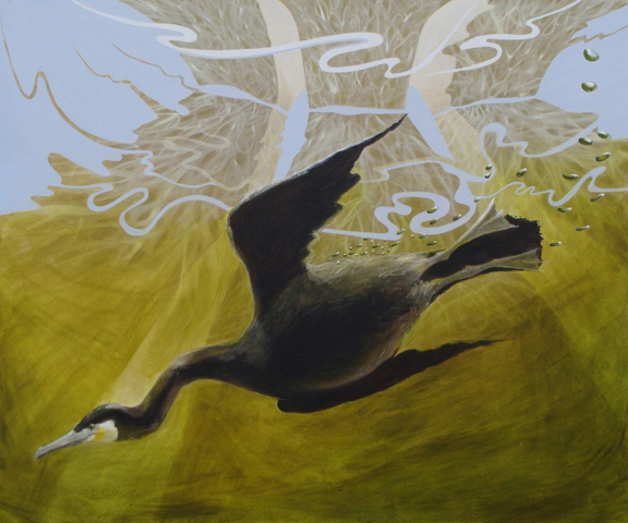 painting of a cormorant diving under a motorway bridge
