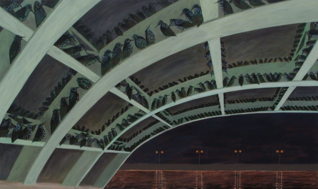 A large painting of starlings roosting under a bridge at night