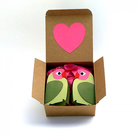 two green paper lovebirds in a gift box
